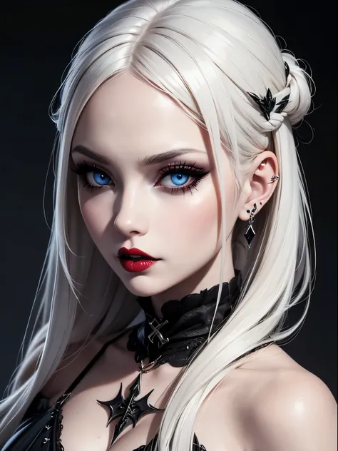 (best quality) (close up) (headshot) beautiful gothic woman with snow white skin blond hair showing black roots with a center part hair and ice blue eyes wearing black lip stick and black makeup with tattoos, looking over shoulder, HDR, 4K, 3D