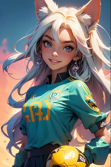 (obra-prima, melhor qualidade: 1.2), anime girl with fox ears, solo, foco feminino, sorriso, olhando para espectador, soccer uniform, campo de futebol, diamante, cabelo multicolorido, olhos multicoloridos