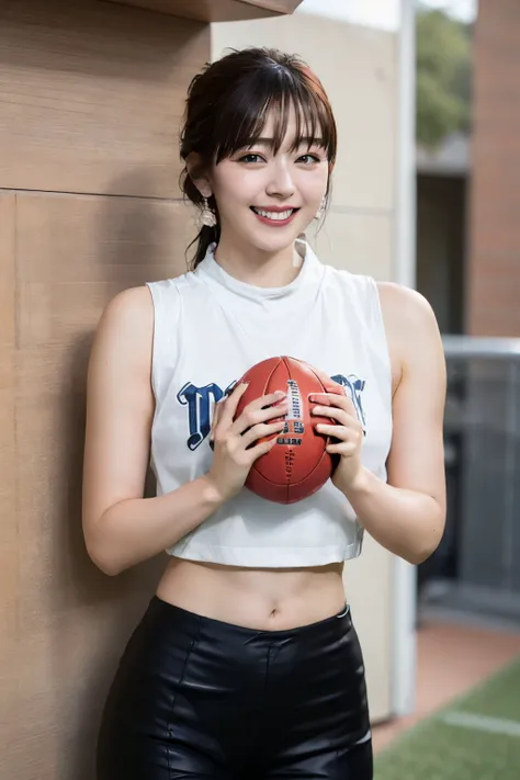 Best quality, masterpiece, ultra high res, (photorealistic:1.4),highly detailed,professional lighting
smile,Playing football ,in stadium,tight sticky crop top and short pant.