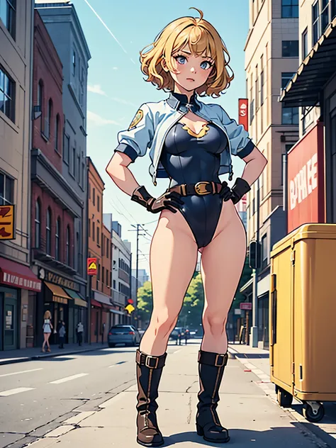 1girl, medium breasts, (leotard, highleg leotard, light blue leotard), (lighting bolt emblem on chest), bare legs, tight belt, boots, matching boots, gloves, city backdrop, solo, single, hands on hip, standing, full body shot, cowboy shot, superhero, beaut...