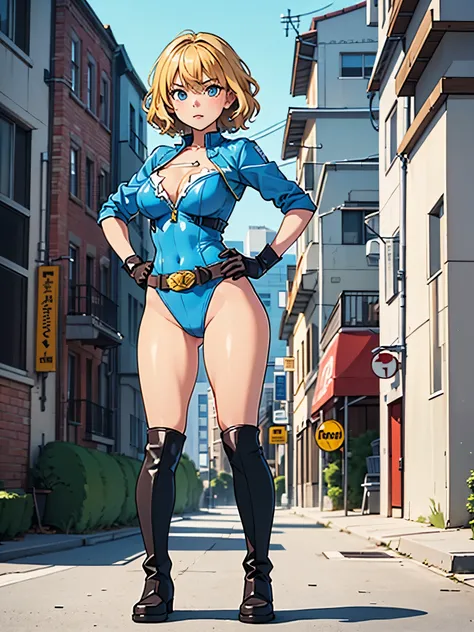 1girl, medium breasts, (leotard, highleg leotard, light blue leotard), (lighting bolt emblem on chest), bare legs, (tight belt), boots, matching boots, gloves, city backdrop, solo, single, hands on hip, standing, full body shot, cowboy shot, superhero, bea...