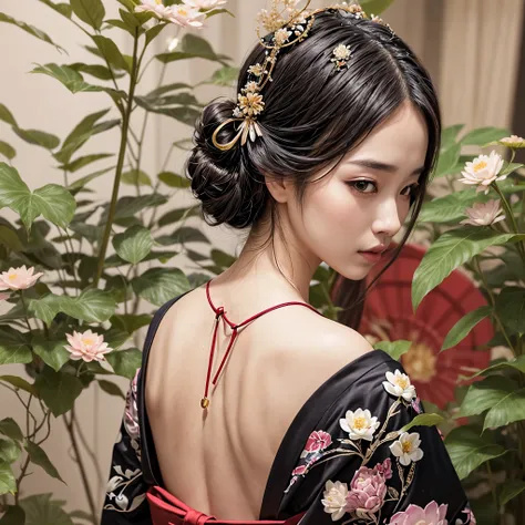 A beautiful Japanese geisha with black hair, beautiful lips, silky skin, beautiful eyes, slightly pink cheeks, with an ornament in her hair, wearing an earring, wearing a black kimono (clothing) open at the back and decorated with details of white lotus fl...