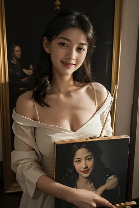 Woman painting oil painting on canvas in atelier,Easel,antique,A smile,,Sweet and seductive appearance.、Caravaggios paintings、Chiaroscuro of Caravaggio,,Cute smile, Expression of ecstasy,erotick,A sexy,Seduce you