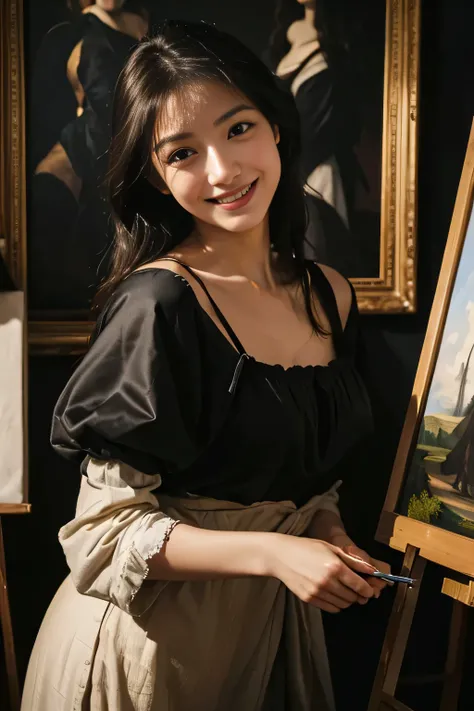 Woman painting oil painting on canvas in atelier,Easel,antique,A smile,,Sweet and seductive appearance.、Caravaggios paintings、Chiaroscuro of Caravaggio,,Cute smile, Expression of ecstasy,erotick,A sexy,Seduce you