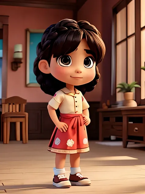 Disney Pixar images - a Malay little girl, of medium build, braided hair, wearing flowery clothes