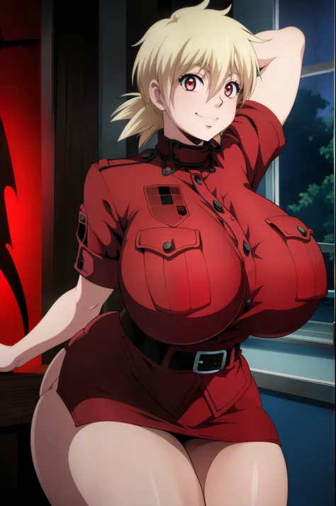 High resolution, Hellsing Ultimate art style, Seras Victoria, 1girl, ((bimbo))), short blond hair, red eyes, puffy lips, thick lips, wide hips, thick thighs, enormous fake breast, huge ass, romantic smile, tight police uniform, red skirt, breasts squeezed ...