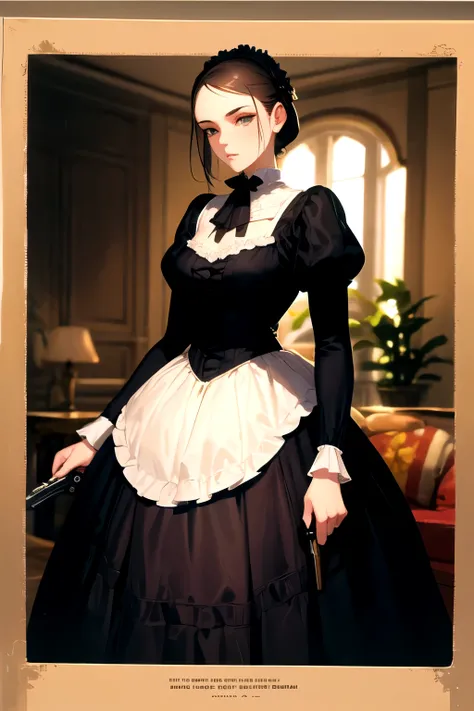 woman wearing victorian mourning wear with a pistol