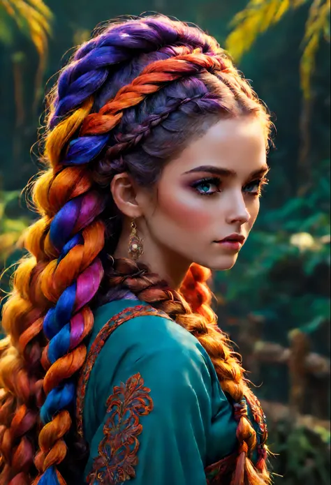 cinematic fantasy, master piece, melhor qualidade, super detalhado, Beautiful girl, vivid colors, long and voluminous hair with braids, espadachim, vento forte, lindo vestido