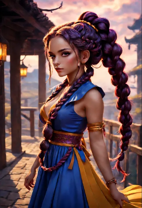 cinematic fantasy, master piece, melhor qualidade, super detalhado, Beautiful girl, vivid colors, long and voluminous hair with braids, espadachim, vento forte, lindo vestido