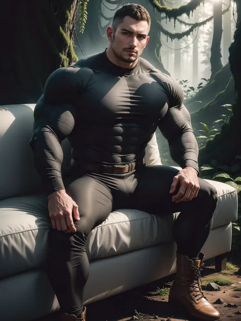 Frowning sad and crying tall giant muscular man sitting in the forest，Dark gray high collar tight long sleeve camouflage T-shirt，character  design（Resident Evil - Chris Redfield，Chris Redfield）His hairstyle is a crew cut，Wearing dark gray tight-fitting cam...