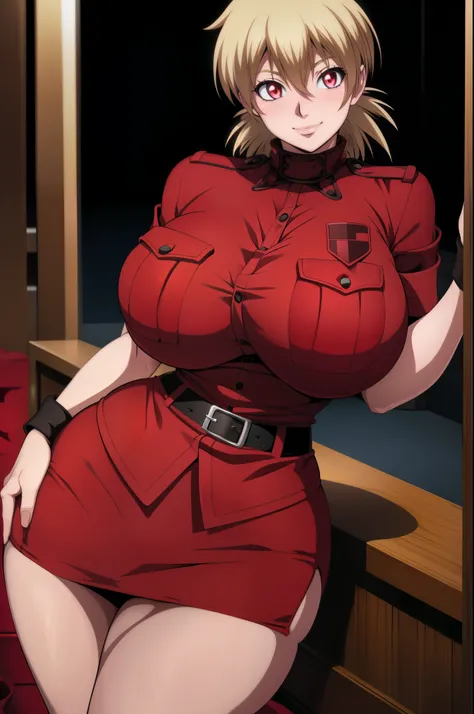 High resolution, Hellsing Ultimate art style, Seras Victoria, 1girl, ((bimbo))), short blond hair, red eyes, puffy lips, thick lips, wide hips, thick thighs, enormous fake breast, huge ass, romantic smile, blushing girlfriend, tight police uniform, red ski...