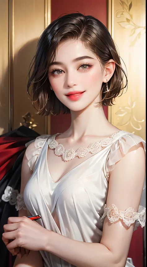 143
(a 20 yo woman), (A hyper-realistic), (high-level image quality), ((beautiful hairstyle 46)), ((short-hair:1.46)), (kindly smile), (brest:1.1), (lipsticks)