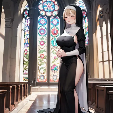 (solo 1 praying nun:1.2) standing in church, praying with holding hands together over chest, very thin, (black sheer long dress:1.4), (huge breasts:1.2), bursting breasts, (black sheer long skirt:1.3), inconceivably thin waist, closing eyes, nose blush, op...