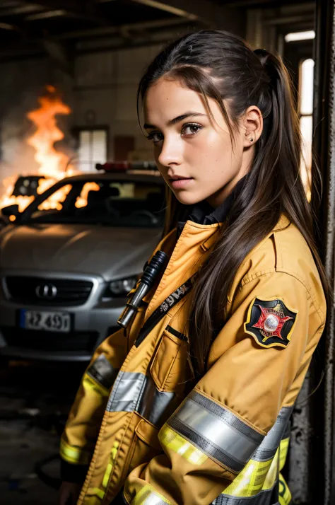 {there is a young girl at a fire department training yard. she is beautiful, and attractive. she is dressed in a firefighters uniform. she has beautiful long brown hair, and beautiful hazel eyes. she has her hair fully tied up. she is holding a jaws of lif...