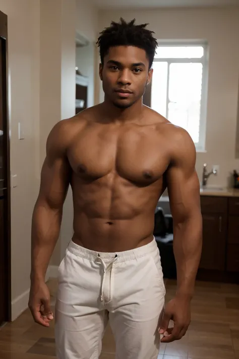 Muscular built black man with brown eyes, handsome, standing, looking at the camera