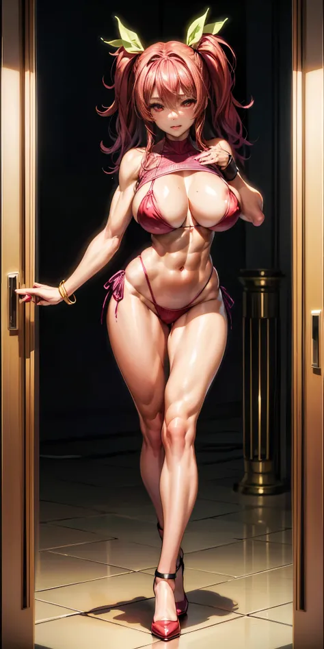 master piece、Top Quality、1 girl in、(Stella Vermillion)、Ligature bracelet、muscular thighs, muscular belly, wide hips, (very thin waist), large breasts, very hard breasts, standing breasts, very hard nipple, ( ((A sexy pose))), wearing red shoes with high he...