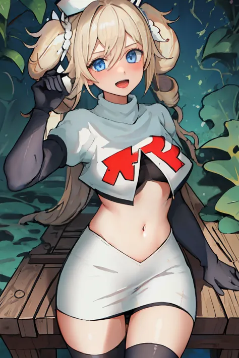 best quality, masterpiece, highres, solo, {barbara_genshin:1.15}, blonde_hair, blue_eyes, twintails, bangs, long_hair, drill_hair, twin_drills, hat, blush, breasts, white_headwear, hair_ornament, 1girl, hair_between_eyes, :d, team rocket,team rocket unifor...