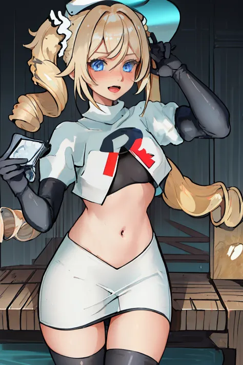 best quality, masterpiece, highres, solo, {barbara_genshin:1.15}, blonde_hair, blue_eyes, twintails, bangs, long_hair, drill_hair, twin_drills, hat, blush, breasts, white_headwear, hair_ornament, 1girl, hair_between_eyes, :d, team rocket,team rocket unifor...