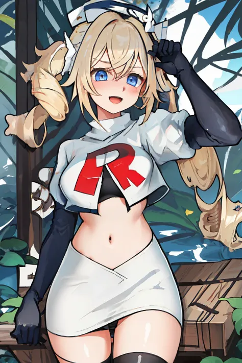 best quality, masterpiece, highres, solo, {barbara_genshin:1.15}, blonde_hair, blue_eyes, twintails, bangs, long_hair, drill_hair, twin_drills, hat, blush, breasts, white_headwear, hair_ornament, 1girl, hair_between_eyes, :d, team rocket,team rocket unifor...
