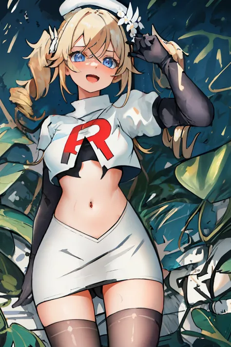 best quality, masterpiece, highres, solo, {barbara_genshin:1.15}, blonde_hair, blue_eyes, twintails, bangs, long_hair, drill_hair, twin_drills, hat, blush, breasts, white_headwear, hair_ornament, 1girl, hair_between_eyes, :d, team rocket,team rocket unifor...