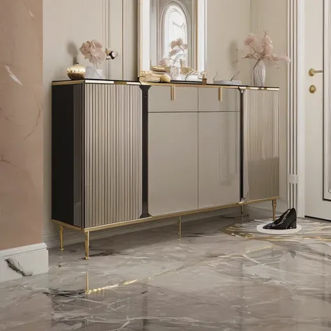 There is a large cabinet，There is a mirror on it, cupboard家具, stylistic furniture, Unreal Engine 5 High Rendering, made of liquid metal and marble, cupboard, ( artistic décor ), Ivory and black marble, imagem de qualidade alta, elegant furniture, Marble an...