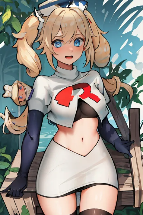best quality, masterpiece, highres, solo, {barbara_genshin:1.15}, blonde_hair, blue_eyes, twintails, bangs, long_hair, drill_hair, twin_drills, hat, blush, breasts, white_headwear, hair_ornament, 1girl, hair_between_eyes, :d, team rocket,team rocket unifor...