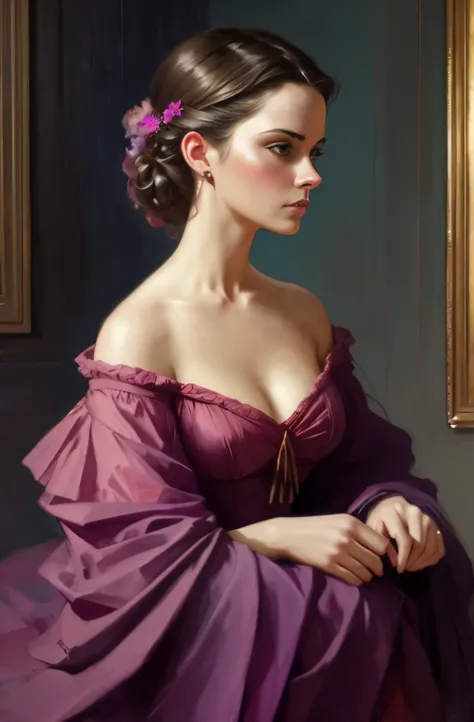 magenta and orange tones, painting of a woman, Gone with the wind, with influence of Jeremy Mann, Jeremy Mann, style of Jeremy Mann, Jeremy Mann painting, Jeremy Mann art, Ron Hicks, Liepke, Jeremy Mann and alphonse mucha, Works that influenced Edmund Blam...