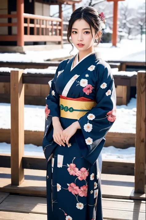 japanese shinto shrines in snowy landscapes, early morning of new year's day, (a beautiful japanese girl in a kimono for new yea...