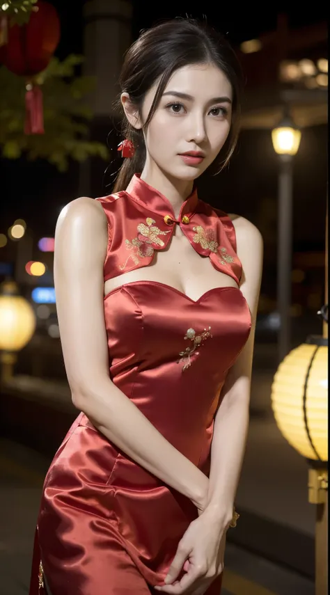 1 beautiful young girl， walking down a sidewalk with red lantern, (Street during the day)，（New Year&#39;s Day celebration scene）, red lantern, chinese lantern, Red Chinese cheongsam, Delicate face，Raised sexy，((((Bust photo))))，((Clear face_)，((Close-up of...