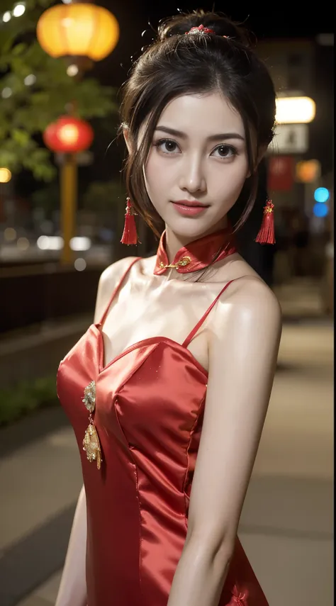 1 beautiful young girl， walking down a sidewalk with red lantern, (Street during the day)，（New Year&#39;s Day celebration scene）, red lantern, chinese lantern, Red Chinese cheongsam, Delicate face，Raised sexy，((((Bust photo))))，((Clear face_)，((Close-up of...