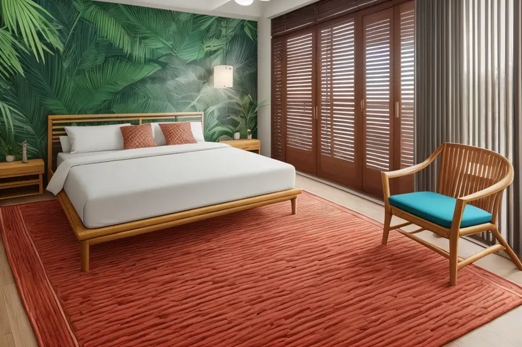 room with a velvety orange carpet floor made of nature prints, white walls in stuccoed cracked concrete, sea blue woven bamboo ceiling, with a large balcony full of vegetation, blue velvety bed, backlit glass closet, reddish linear lighting on the edge of ...