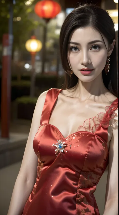 1 beautiful young girl， walking down a sidewalk with red lantern, (Street during the day)，（New Year&#39;s Day celebration scene）, red lantern, chinese lantern, Red Chinese cheongsam, Delicate face，Raised sexy，((((Bust photo))))，((Clear face_)，((Close-up of...