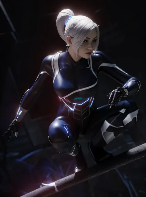 araffe in a black and white outfit on a ledge, 3 d render character art 8 k, 3d render of catwoman, cyborg - girl with silver hair, unreal engine character art, black cat, platinum skin, cyber suit, spider woman, cables on her body, rendered in sfm, detail...