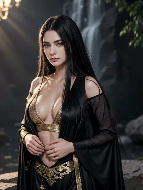 Ozge Torer Turkish  actres Bala Hatun  in 25  years old, perfect age, ultra realistic face, long black hair:1.3,  in waterfall, wore a sexy and revealing traditional  turkish Islak suite, 4k resolutionfull lips, detailed background, depth of field, volumet...