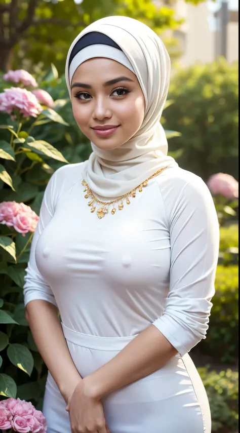 RAW, Best quality, high resolution, masterpiece: 1.3), beautiful Malay woman in hijab,Masterpiece, perfect  fit body, ((Huge breast)), biggorgeous eyes, Soft smile,muslim woman in a white floral blouse and white pants posing for a picture, white hijab, hij...