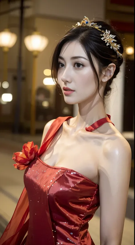 1 beautiful young girl， walking down a sidewalk with red lantern, (Street during the day)，（New Year&#39;s Day celebration scene）, red lantern, chinese lantern, Red Chinese cheongsam, Delicate face，Raised sexy，((((Bust photo))))，((Clear face))，((Close-up of...