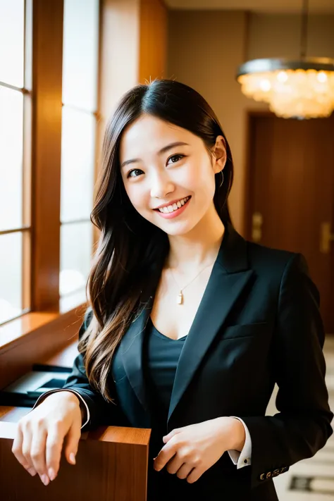 Natural light, Girl in hotel black suit smiling at hotel reception, (Best Quality, masutepiece: 1.2), Woman