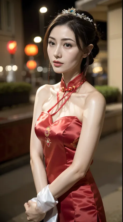 1 beautiful young girl， walking down a sidewalk with red lantern, (Street during the day)，（New Year&#39;s Day celebration scene）, red lantern, chinese lantern, Red Chinese cheongsam, Delicate face，Raised sexy，((((Bust photo))))，((Clear face))，((Close-up of...