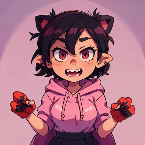 Clown, pointy ears, sharp teeth, short black hair, cover the eyes, pink hoodie, bloody bear paws, piercings