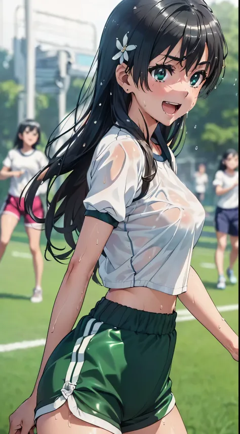 1womanl,Golden hair,14 year old beautiful breasts,(((Sexy white shiny short sleeve gym clothes and shorts、Smile with open mouth)),(((Nariko Saten))),((( portlate))),Crowds,Shiny white short sleeve gym clothes and shorts,(Wet with sweat),((athletic field)),...