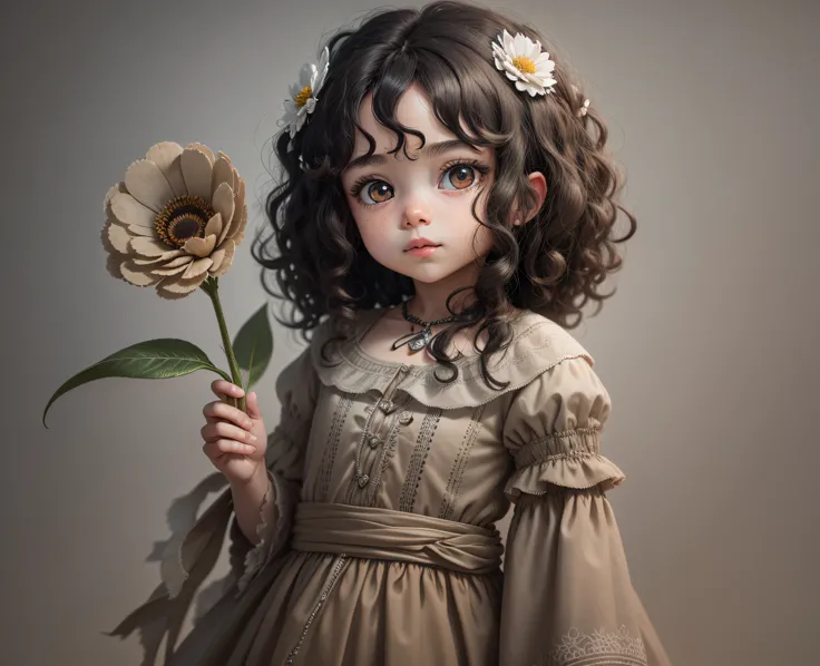 baby black, curly hair, light brown eye, holding a flower, silver background, 8k, 3D.