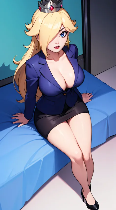 ((high detailed, best quality, 4k, masterpiece, hd:1.3)), BREAK night, window, moonlight, (Hotel Bedroom), Rosalina laying on hotel bed, BREAK neon blue eyes, seductive, attractive, sexy smile, smiling, smooth anime cg art, 36C breasts, long legs, vivid co...