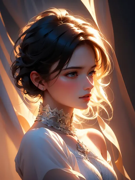 (highres,best quality,realistic),(portrait,concept artists),girl,beautiful silhouette,backlight,reflective lighting,soft shadows,subtle highlights,warm color tones,sleek hair,graceful pose,delicate features,serene expression,ethereal,subtle details,thought...