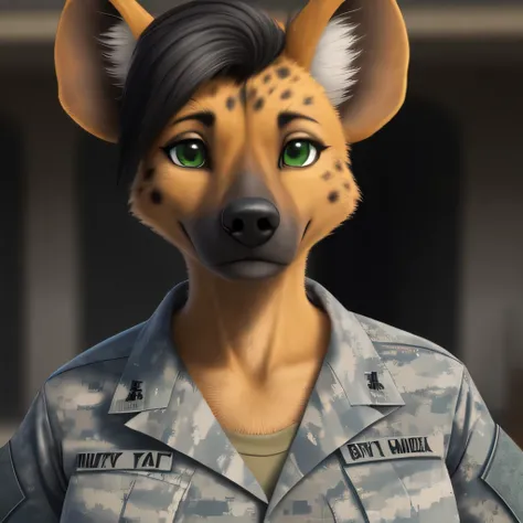 Female Hyena, green eyes, large bust, short black hair, military uniform, 4k, HD Cartoon,