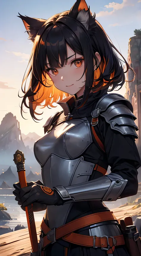 beautiful detail한 소녀, Clear and beautiful, radiant skin, girls, femele, young, 20yo, bobbed hair, short-hair, beautiful detail hair, (((Dark, Dark Night, deep night))) ((chinese iron armor, costume point color: orange, Innocent style without skin exposure)...