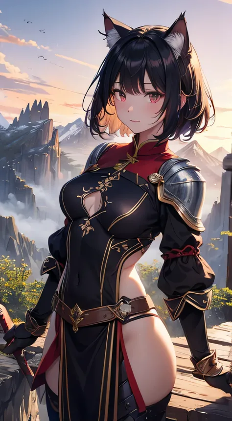 beautiful detail한 소녀, Clear and beautiful, radiant skin, girls, femele, young, 20yo, bobbed hair, short-hair, beautiful detail hair, (((Dark, Dark Night, deep night))) ((mongolian armor, Costume point color red, Innocent style without skin exposure)) beaut...