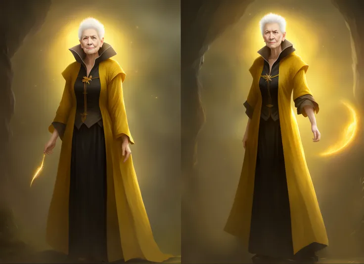 60-year-old woman, elderly, middle-aged, full-body, yellowish skin, pointy ears, spiked ears, yellowish eyes, dark hair, average size of a human, fantasy image, full-body portrait