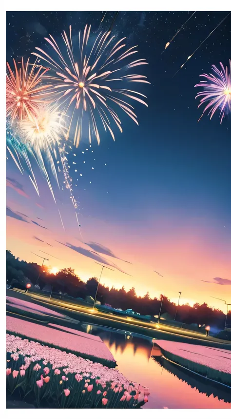 nigh sky，fire works，dreamlike scenes，The background is a blooming flower，Very high resolution，Wallpapers，adddetail，clarity enhancement，Detail Enhancement，Positive point of view，panoramic lens（wide wide shot）,