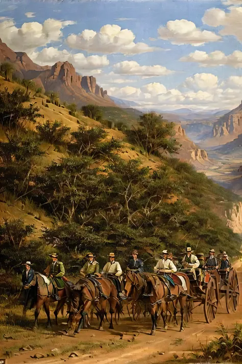 Montanha do deserto, several soldiers on horses, 18th century common clothing, all armed with 18th century carbines, um rio abaixo da montanha, major military operation.