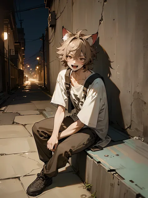 ((Masterpiece)), 8K, cinematic lighting, (very messy hair,  dirty Concrete walls), (Sitting on the ground in the alley at night,  open mouth, laugh face) slum townscape, Textured skin, cat ears, pale brown hair, Cute boy，boy